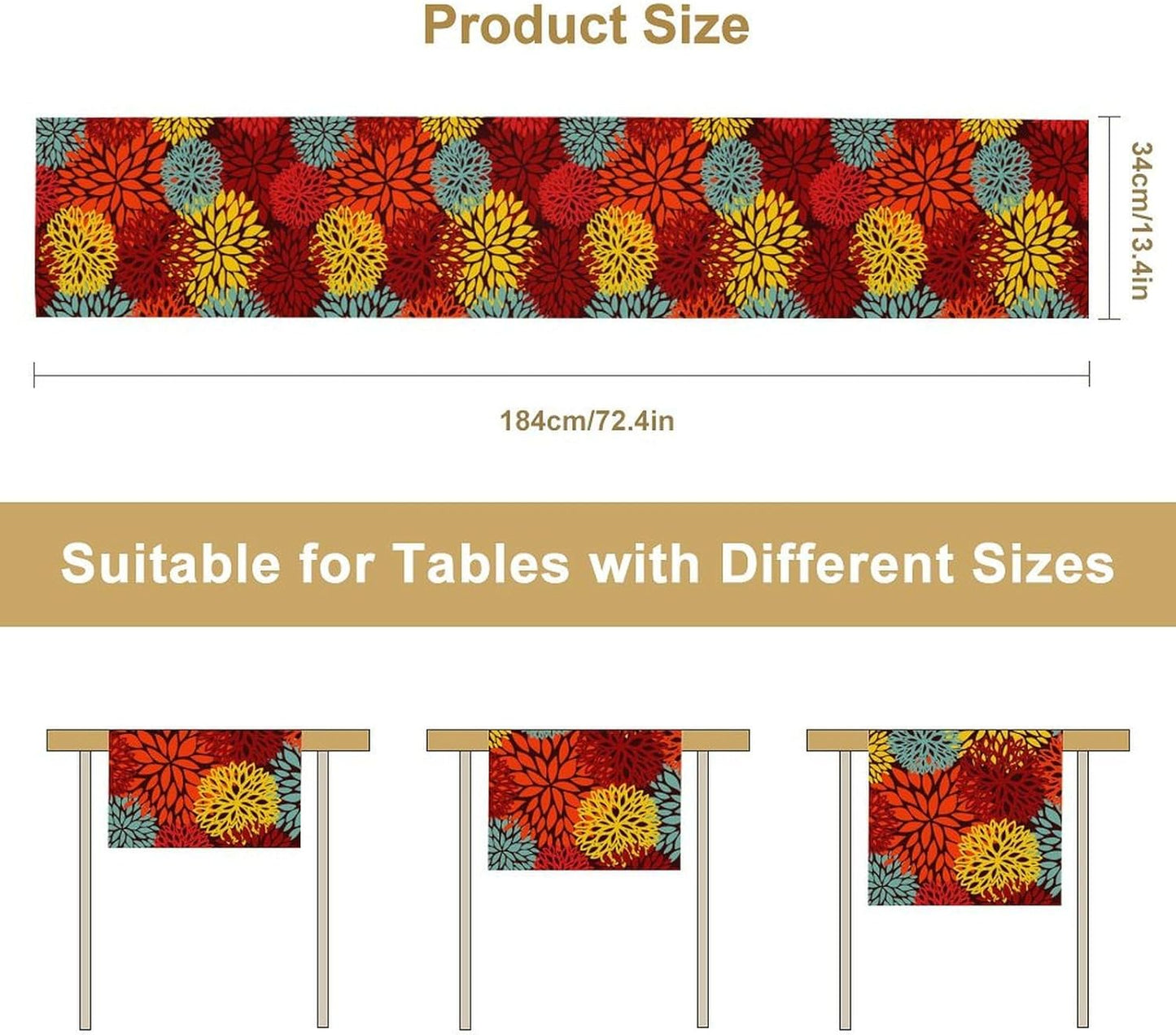 Red Yellow Dahlia Table Runner, Seasonal Autumn Thanksgiving Pattern Print for Home Kitchen Table Decor Dining Coffee Room Party Decor 13x120 Inch