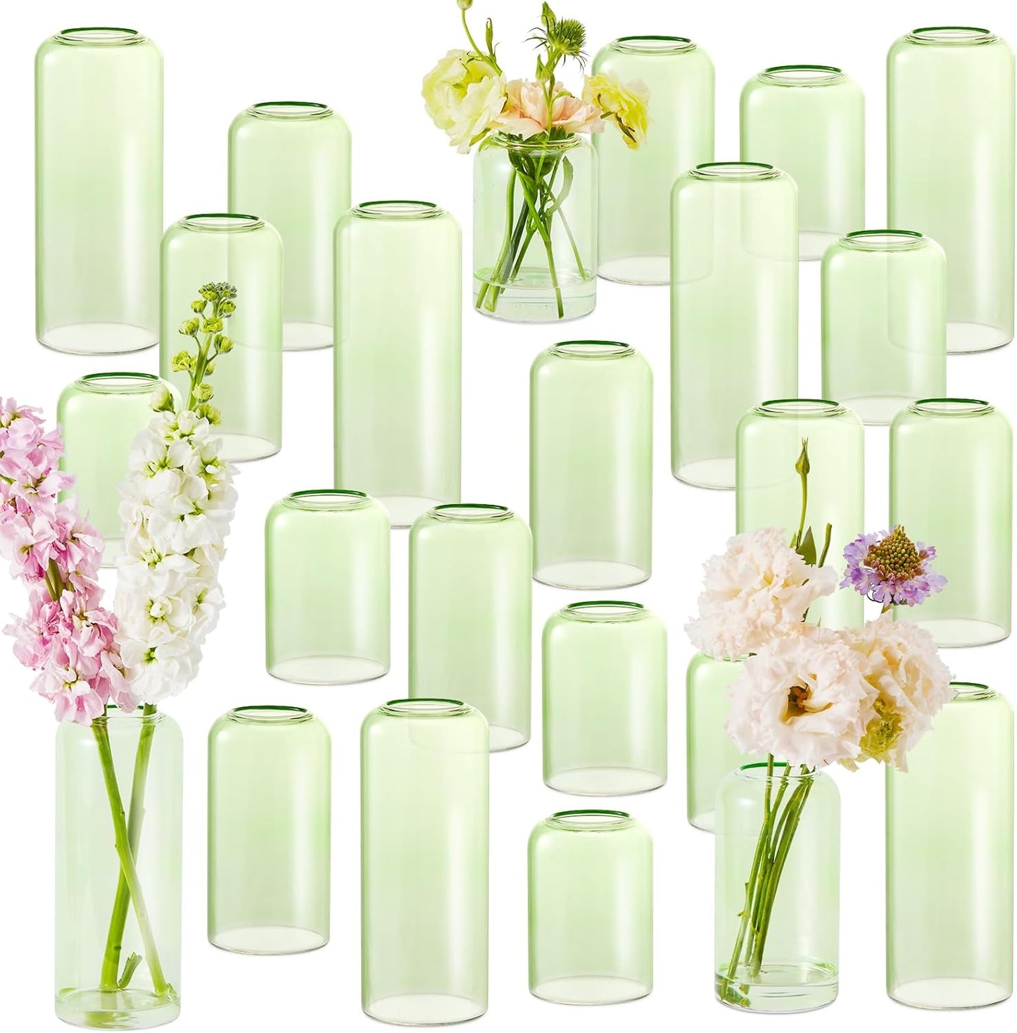 24Pcs Bud Vases Set, Glass Flower Vase for Centerpieces, Small Vases for Flowers, Decor Centerpiece for Bathroom, Decorative Vases for House Warming(Green)