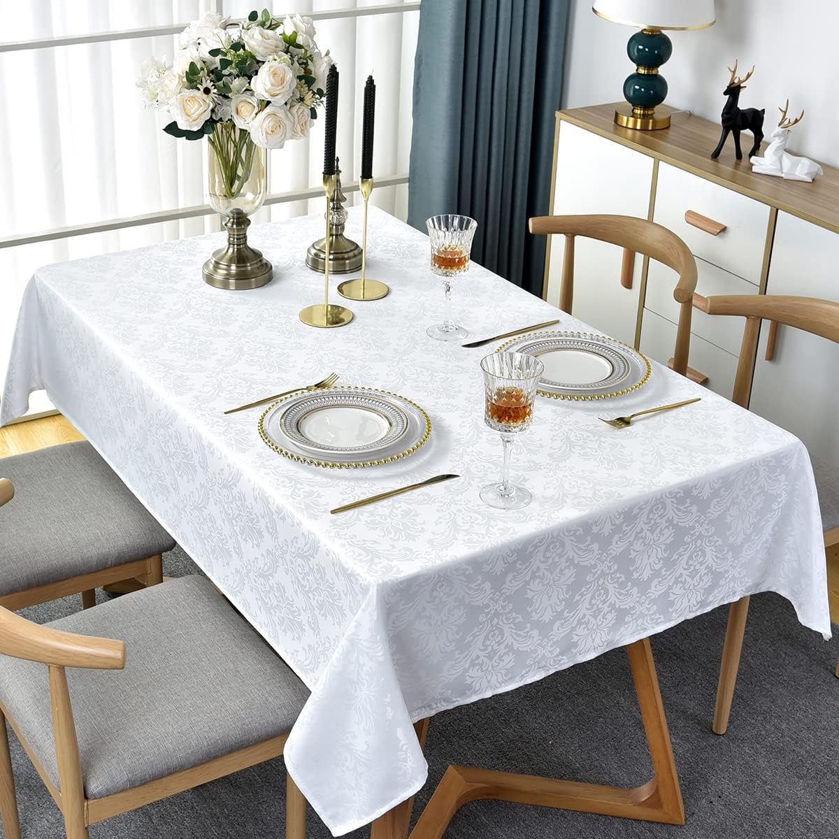 SASTYBALE White Tablecloth Rectangle 60 x 102 Inch Jacquard Damask Tablecloth, Spill Proof & Wrinkle Free Polyester Table Cloth, Heavy Table Cover for Dining Room, Party, Indoor, Outdoor