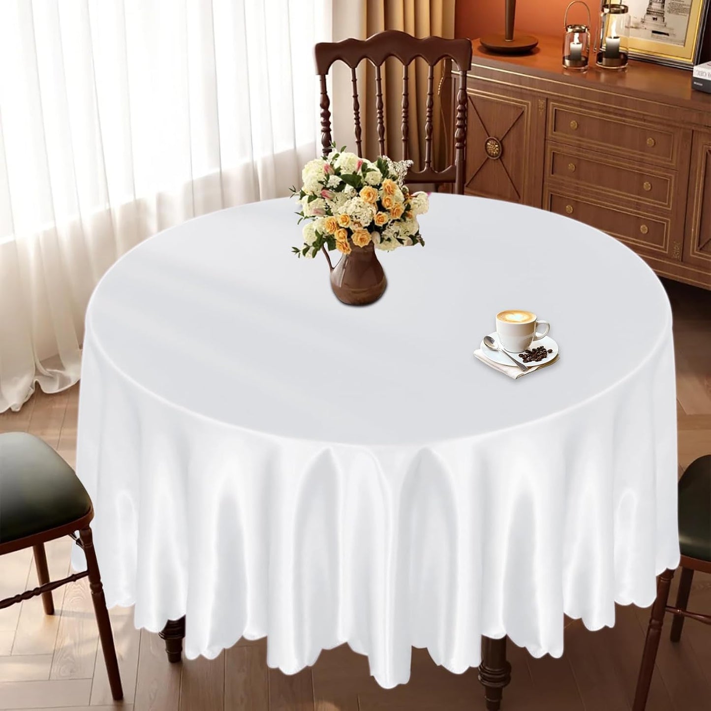 KKJIAF 1 Pack 60 Inch / 5ft Round Table Cloth, White Overlay Round Satin Table Cover, Silky Satin Dining Tablecloths for Wedding Buffet Parties Banquet Decoration