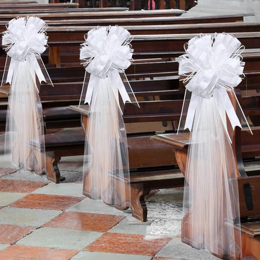 30 Set Wedding Pew Bows with Long Tulle Tails Wedding Aisle Decorations Church Chair Aisle Decoration Car Decoration Big Bows for Bridal Shower Reception Anniversary (White)