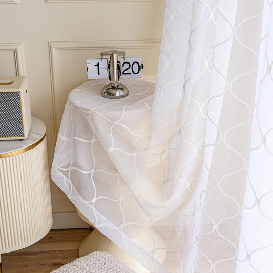 Sheer Curtains White 45 Inches,Wavy Diamond Embroidered Rod Pocket Voile Drapes for Living room, Bedroom, Window Treatments Semi Crinkle Curtain Panels for Yard, Patio, Parlor, 2 Panels, 52"x 45".
