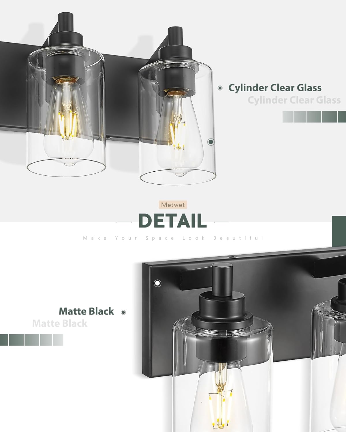 4-Light Bathroom Light Fixtures, Black Vanity Light with Cylinder Clear Glass Shade, Modern Vanity Lighting Fixtures Over Mirror, VL143-MB-4