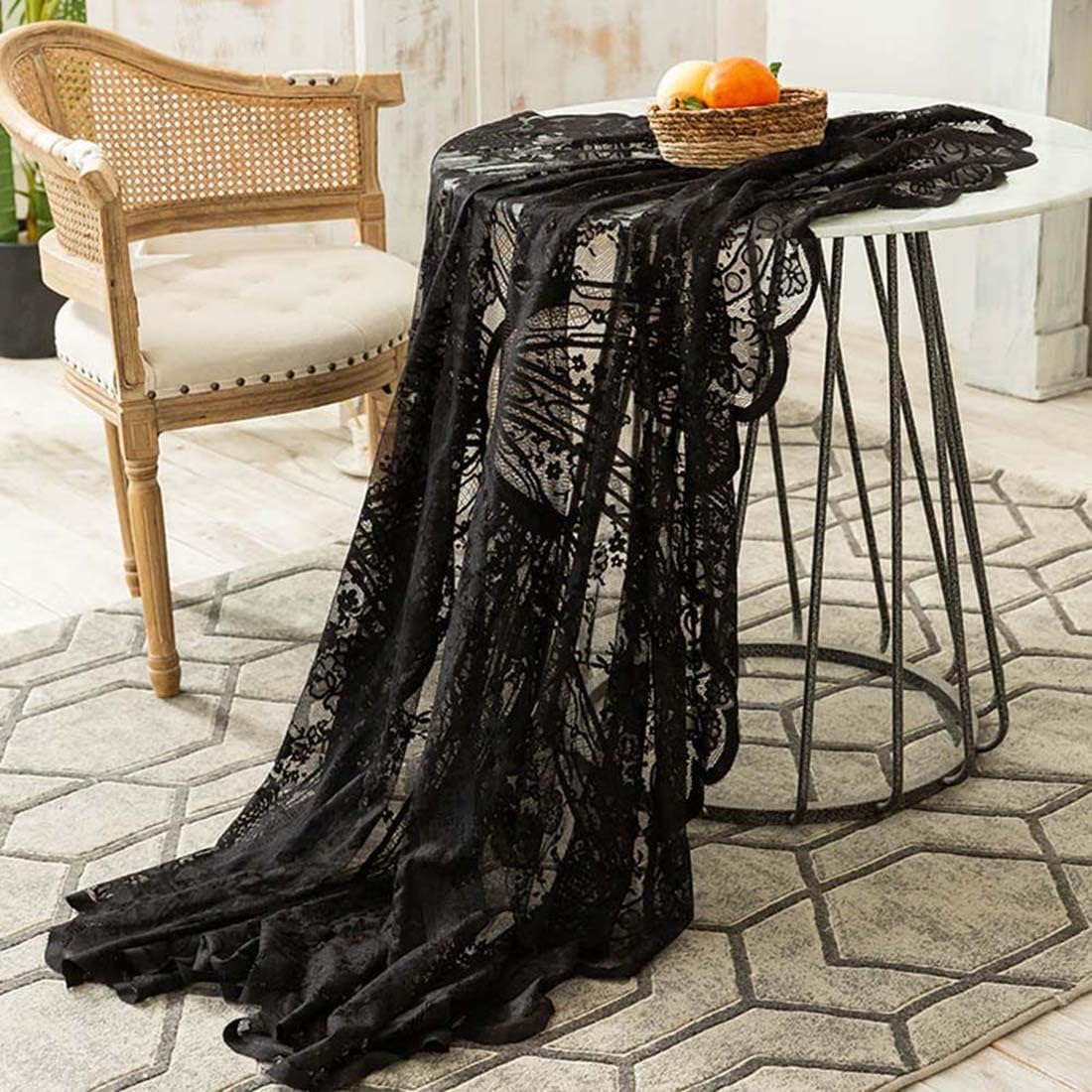 Vintage 60 inch Black Lace Tablecloth Floral Embroidered Boho Shabby Chic Small Table Cover for Wedding Halloween Party Dinning Holiday, 1 Piece