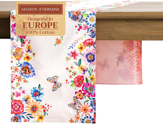 Maison d' Hermine Table Runner 100% Cotton Double Layer Table Runners 108 inches Long Decorative for Home Dining Party Wedding Bridal Shower Spring Summer (Happy Florals - High Summer, 14.50" x 108")