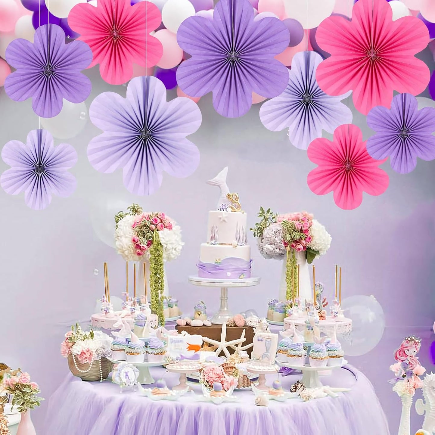 Paper Flowers Decorations for Wall Purple Paper Fans Classroom Decoration Floral Backdrop Decor Fans Hanging Pink Flower Wall Decor, Set of 9