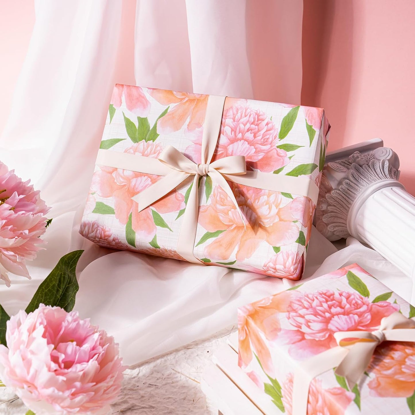WRAPAHOLIC Floral Wrapping Paper Roll - Mini Roll - 17 Inch x 9.8 Feet - Peach Flower Wrapping Paper, Perfect for Girls Women Birthday, Wedding, Bridal Shower