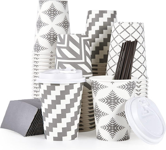 LITOPAK 100 Pack 12 oz Paper Coffee Cups with Lid, Sleeve, and Straws, Four Designs of Disposable Hot Coffee Cups for Home, Stores, and Cafes