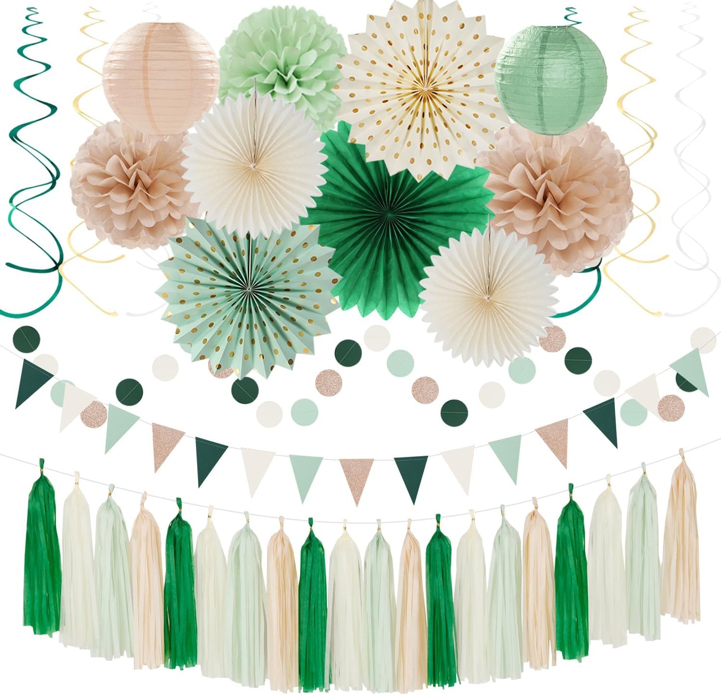 Olive-Sage Green Beige Champagne-Gold Party-Decorations - 33pcs Rustic Banner,Streamers Tassel Garland,Tissue Pom Poms,Paper Lantern Fans,Boho Neutral Baby Shower Birthday Bridal Decor Hugtmr
