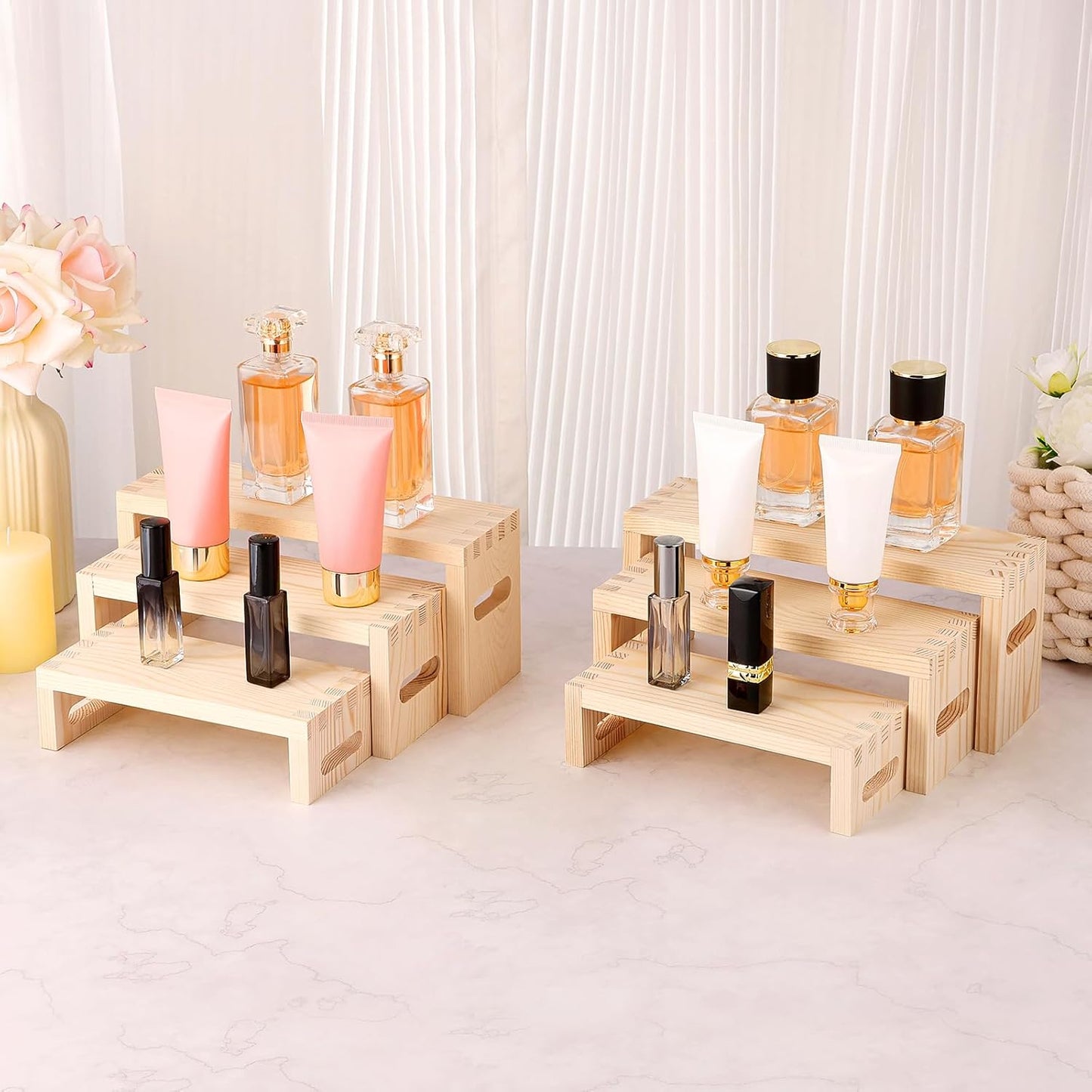 6 Pcs Wood Risers Display Stands, 2 Set Wooden Risers for Table Display, 3 Tier Rectangular Riser Display Stand Wooden for Cupcake, Desserts, Perfume, Collections, Jewelry Showcase (Nature)