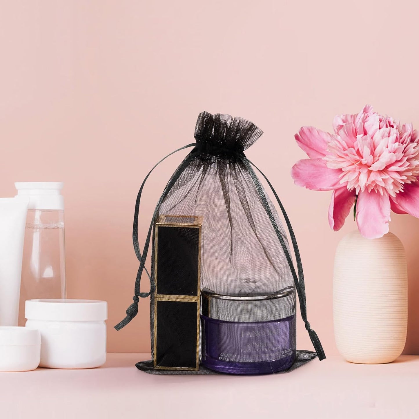 50 Pcs Organza Bags 6x9 Inch, Mesh Gift Bags Mesh Bag Drawstring Pouch Bag for Jewelry Candy Party Favor (Black)