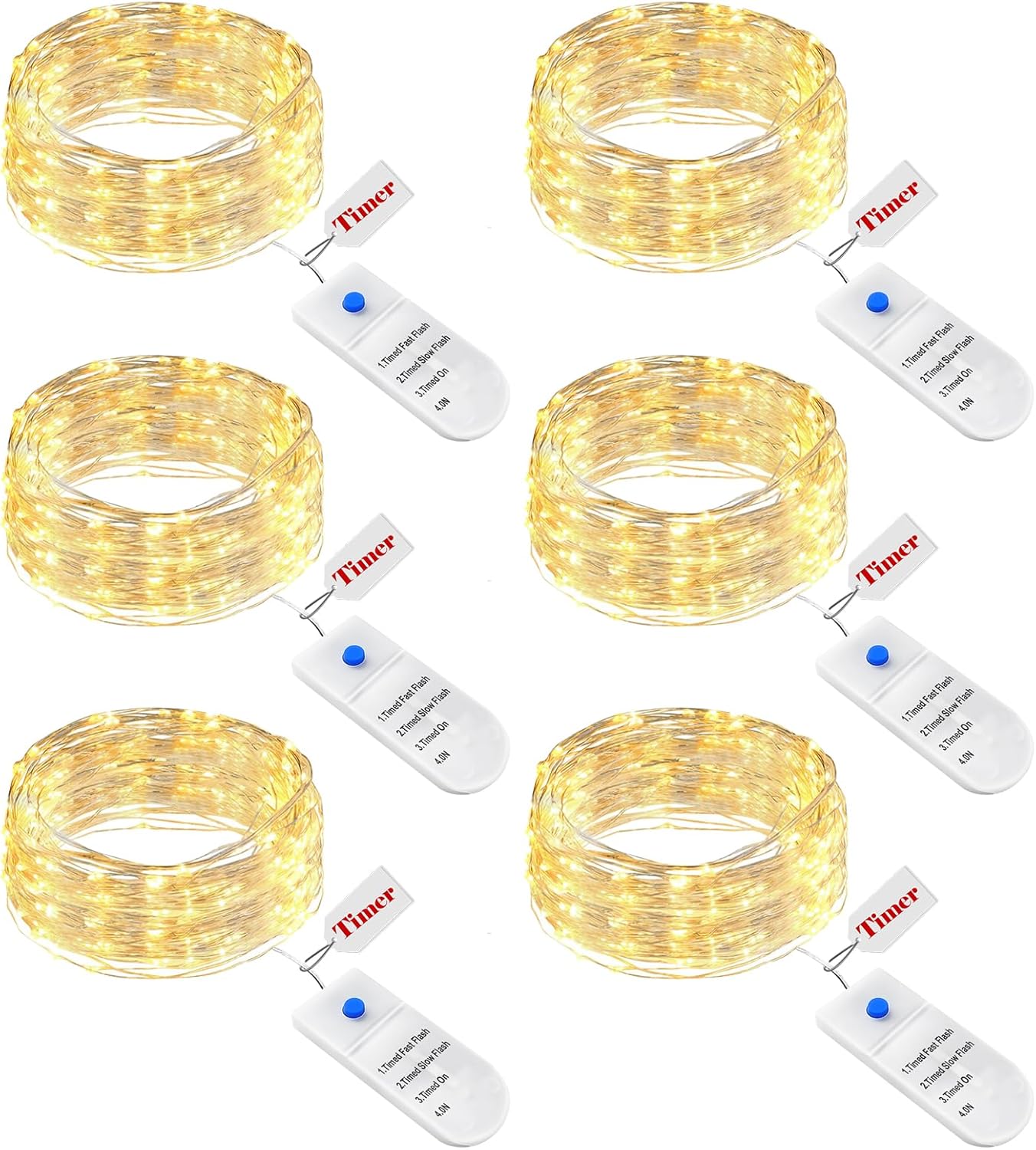 btfarm 6 Pack Fairy Lights Battery Operated with Timer, 2M 20 LED Mini String Lights Waterproof, 3 Modes Silver Wire Small Fairy Light for Jars Bottle Vases Christmas Table Decoration, Warm White