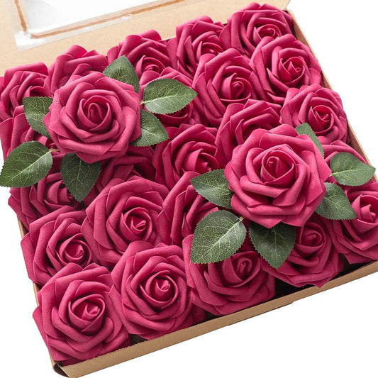 Floroom Artificial Flowers 25pcs Real Looking Fuchsia Foam Fake Roses with Stems for DIY Wedding Bouquets Bridal Shower Centerpieces Floral Arrangements Party Tables Home Decorations