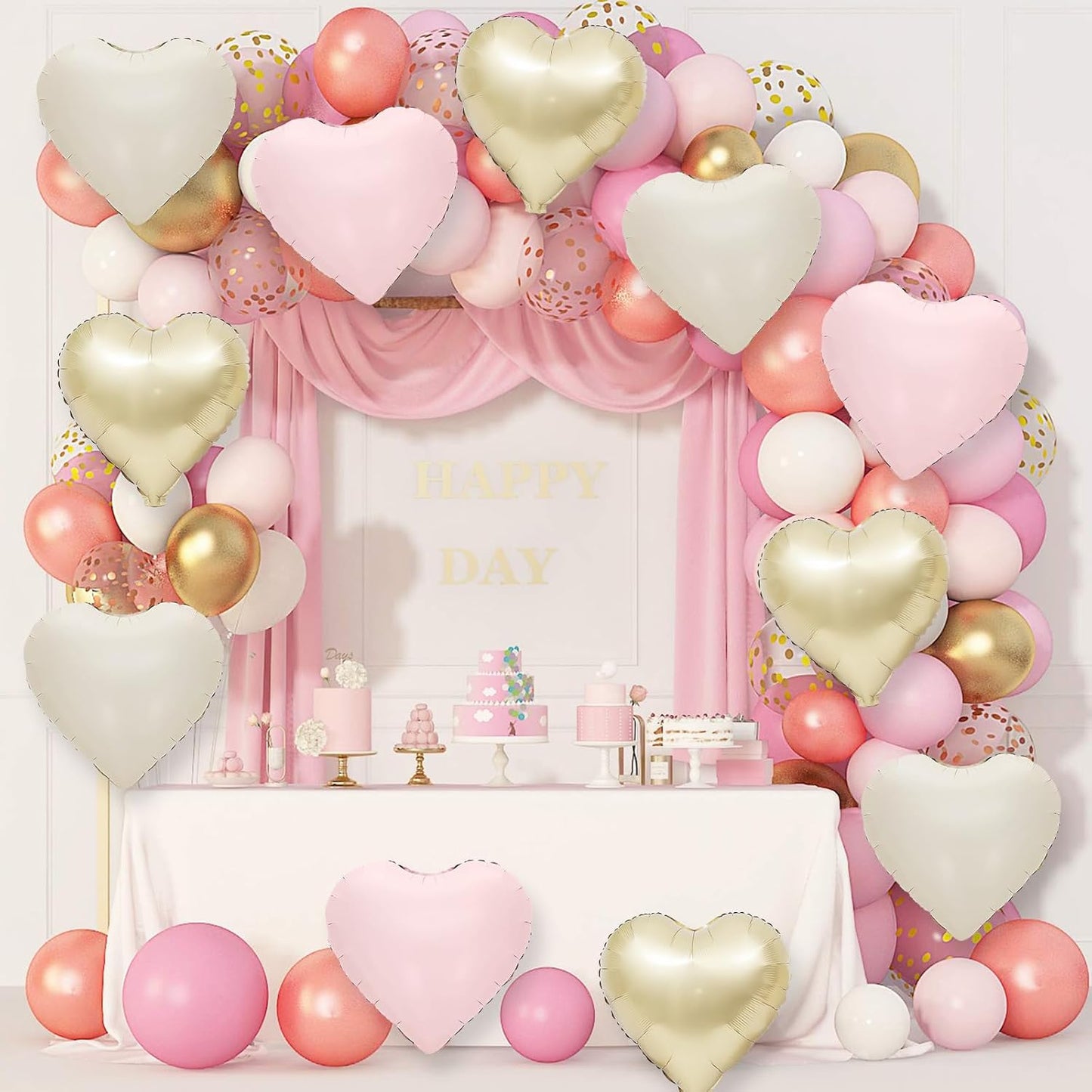 Pink White Gold Heart Balloons,12Pcs 18Inch Cream White Baby Pink Champagne Gold Heart Shaped Foil Helium Balloons for Baby Shower Birthday Anniversary Wedding Engagement Party Decorations
