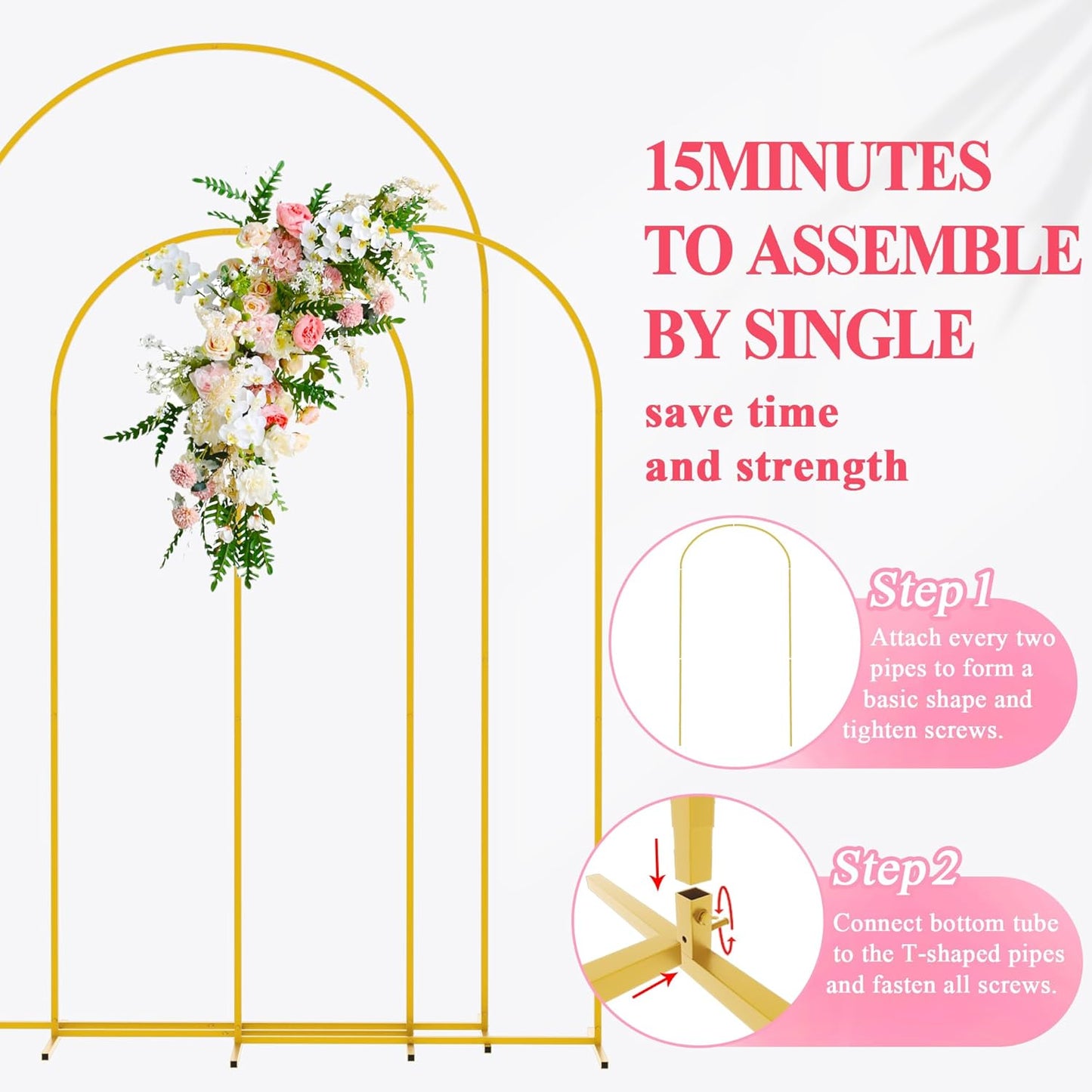 Wokceer Wedding Arch Backdrop Stand (7.2FT,6FT,6FT) Set of 3 Gold Metal Wedding Arch Stand for Birthday Party Wedding Ceremony Baby Shower Garden Balloon Arch Decoration