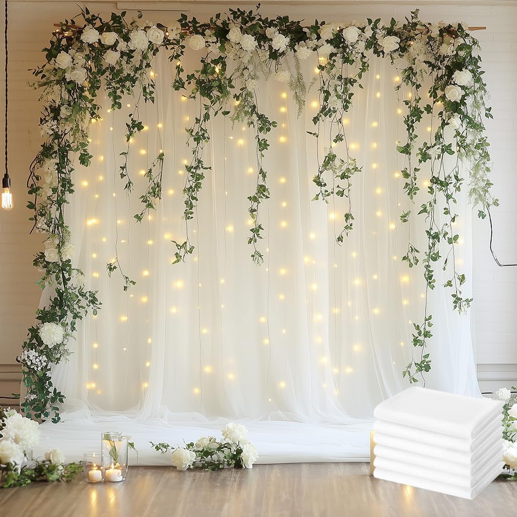 Tulle Backdrop Curtain with Lights String 30 X 8FT Ivory Sheer Tulle Backdrop Curtains for Wedding Birthday Party Reception Photo Booth Background Decorations (6 Panels 5x8FT)