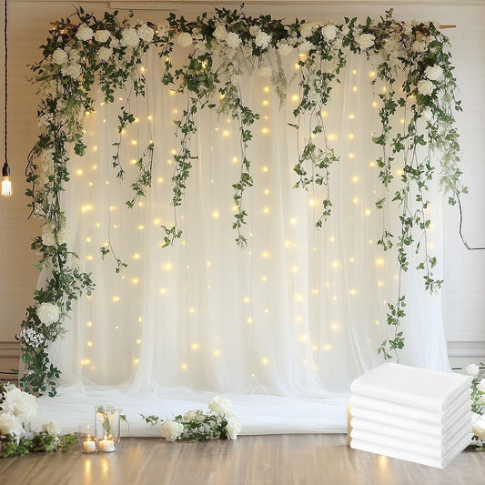 Tulle Backdrop Curtain with Lights String 30 X 8FT Ivory Sheer Tulle Backdrop Curtains for Wedding Birthday Party Reception Photo Booth Background Decorations (6 Panels 5x8FT)
