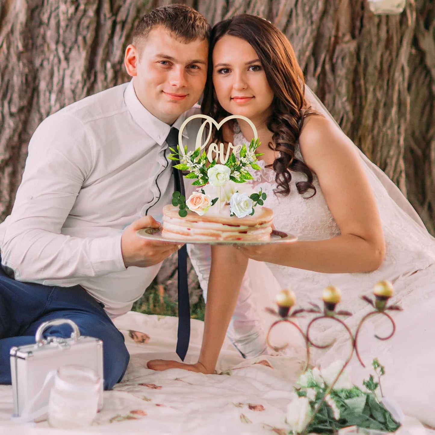 Juexica 6 Pcs Wedding Cake Topper Set Rustic Bridal Shower Heart Shaped Wedding Cake Topper Decorations Simulation Rose Flowers Leaves for Engagement Anniversary Party