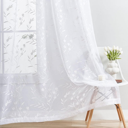 Sheer Curtains White 54 Inches Long Floral Embroidery Rod Pocket Voile Drapes for Living room, Bedroom, Window Treatments Semi Lace Outdoor Curtain Panels for Patio, Lawn, Garden, Set of 2, 52"x 54".