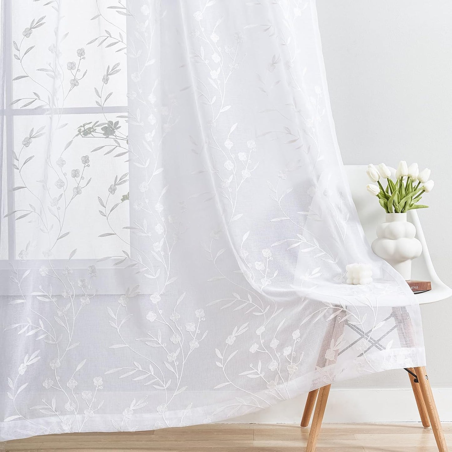Sheer Curtains White 45 Inches Long Floral Embroidery Rod Pocket Voile Drapes for Living room, Bedroom, Window Treatments Semi Lace Outdoor Curtain Panels for Yard, Kitchen, Villa, Set of 2, 52"x 45".