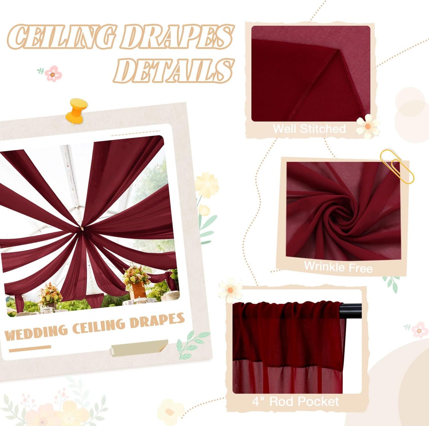FUHSY Wedding Ceiling Drapes Burgundy Draping Fabric for Wedding Arch 4 Panels 5x20Ft Chiffon Maroon Curtains Drapes Sheer Backdrop Curtains Arch Drapery for Wedding Ceremony Stage Ceiling Decorations