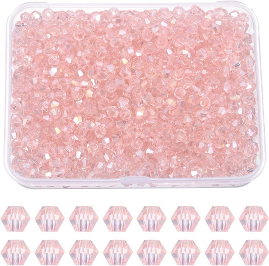 PATIKIL 1000pcs 4mm Bicone Glass Crystal Beads, Faceted Glass Spacer Beads with Box for Jewelry Making Bracelet Necklace Earrings DIY Suncatcher Craft, Pink AB