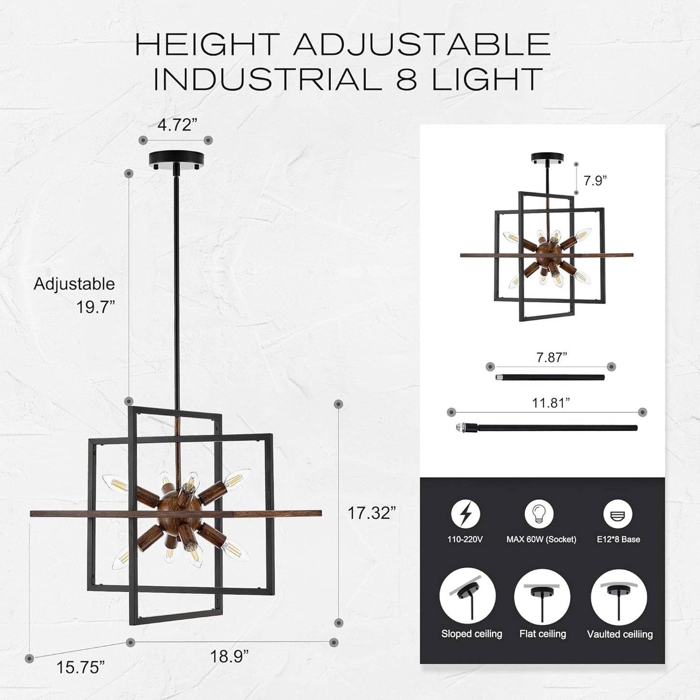 8-Light Wood Grain and Vintage Black Sputnik Chandelier, 18.9'' Industrial Pendant Lighting Fixture for Dining Room
