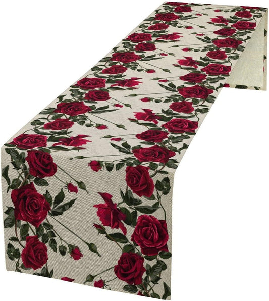 Rose Table Runner, Retro Red Rose Flowers Green Leaves Valentine's Day Kitchen Dinning Table Runner for Indoor Outdoor Home Wedding Party Holiday, 13x90 Inch