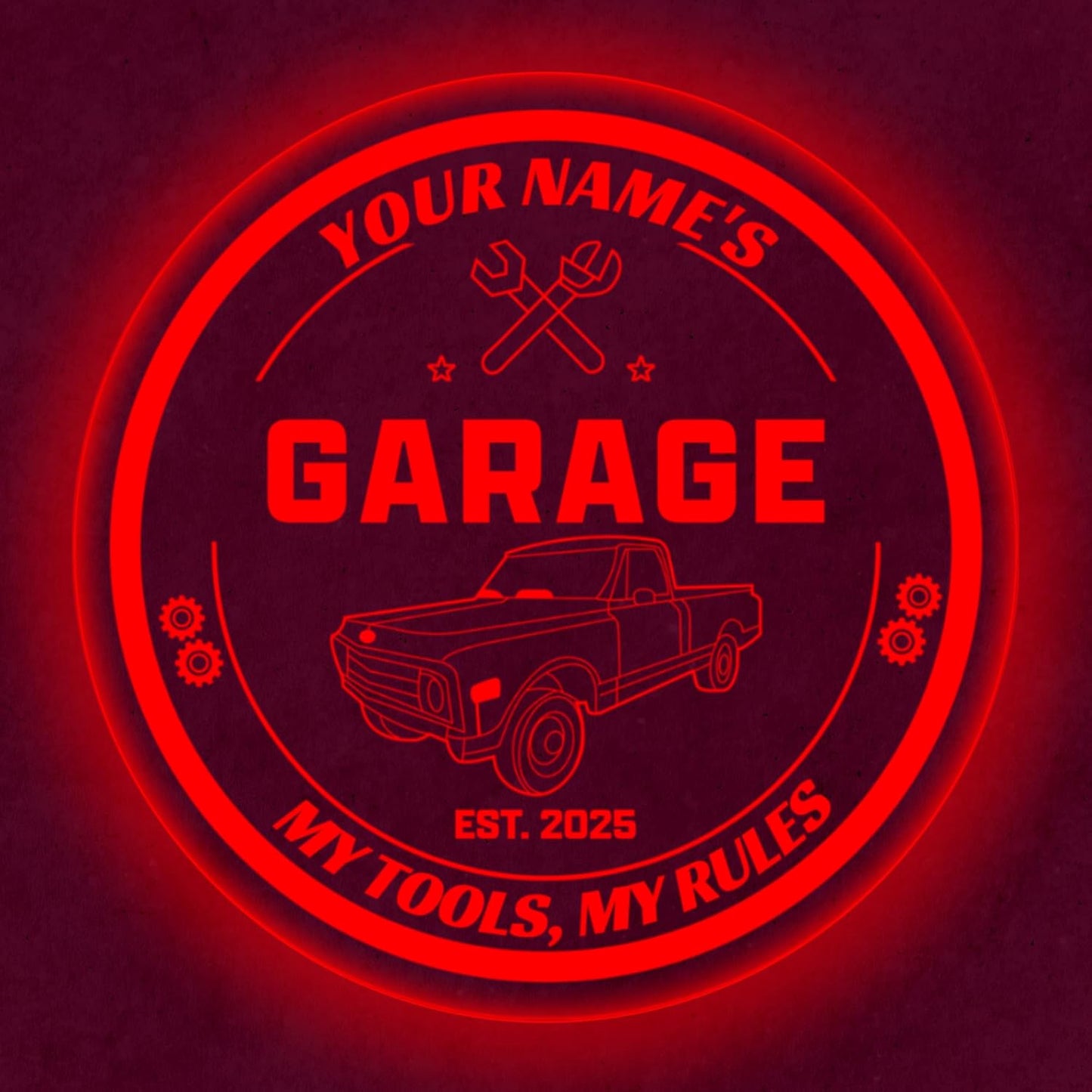 Custom Pickup Truck Garage Sign – Personalized LED Color Changing Acrylic Wall Decor for Garage, Workshop, or Man Cave (Garage 1, 12 INCHES)