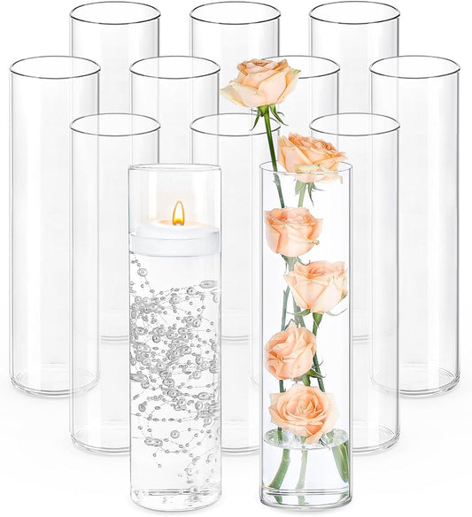 12Pcs Glass Cylinder Vases 12 Inch Tall Clear Flower Vases for Centerpieces Wedding Decoration, Hurricane Floating Candle Holder for Party Table Home Decor