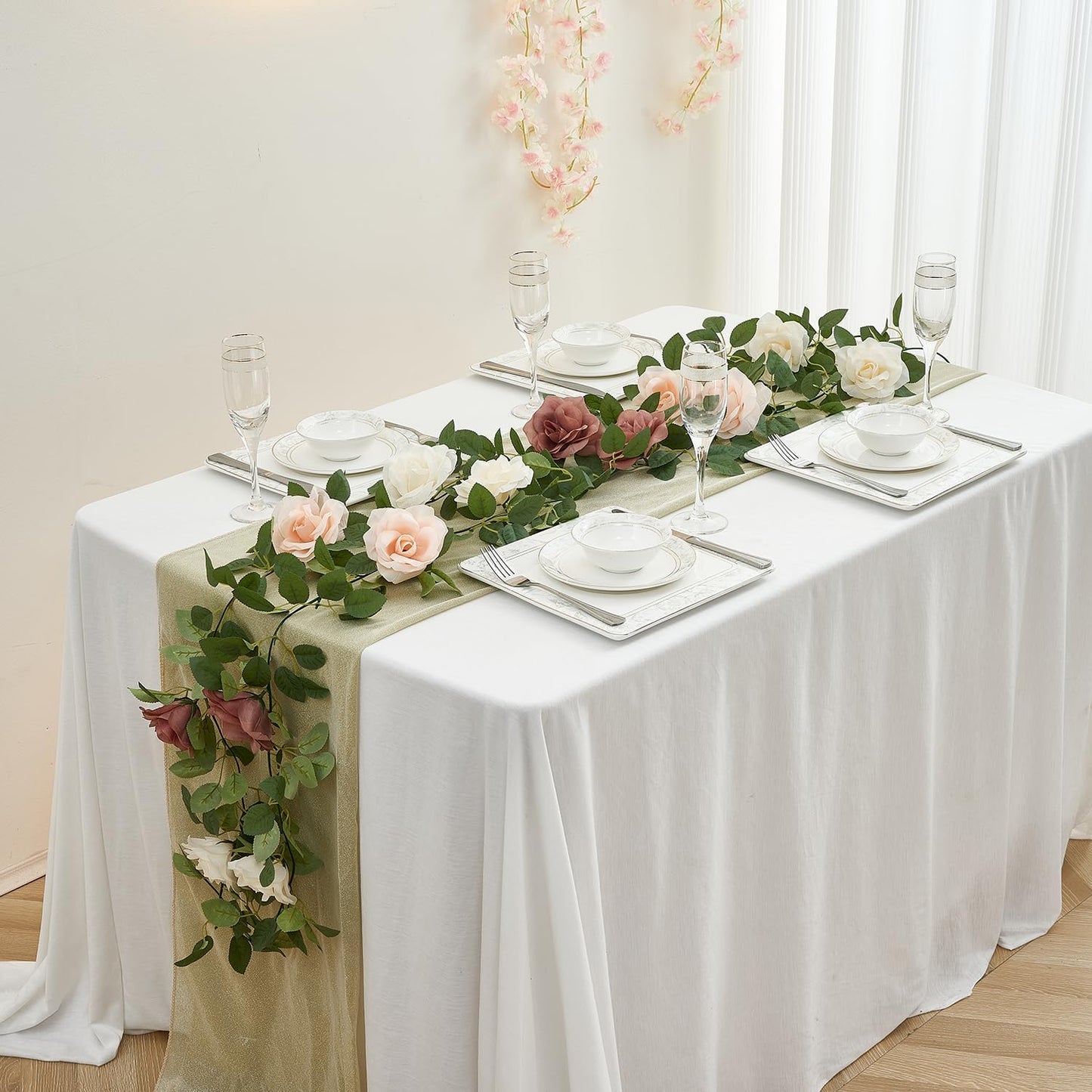 Artificial Rose Garlands Rose Vines Leaves Banners Hanging Floral Garland Fake Rose Flower Vine for Wedding Arch Ceremony Home Garden Outdoor Party Wall Decorations