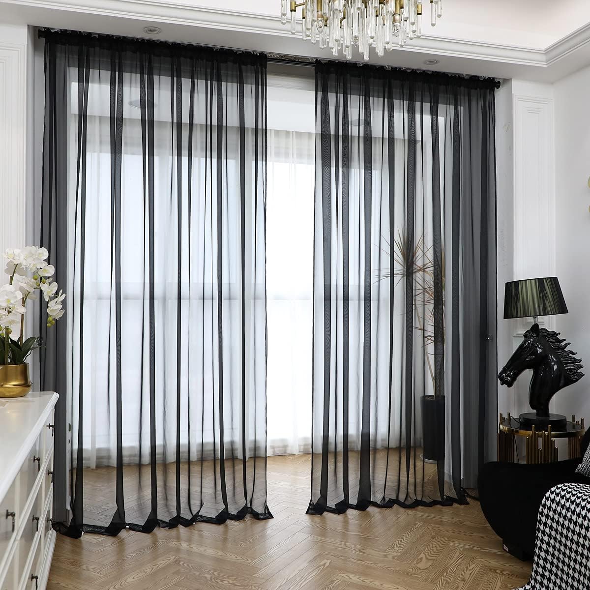 Window Black Sheer Curtains 48 Inches Width 95 Inches Long 2 Panels Sheer Curtains Clear Curtains Basic Rod Pocket Panel for Home Living Room Bedroom Kids Room Yard Patio Parlor Sliding