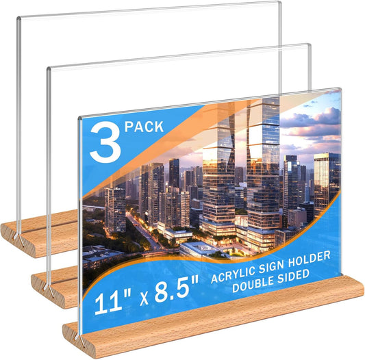 Kersally Acrylic Sign Holder 11 x 8.5'', 3 Pack Double-Sided Clear Table Display Stands with Wood Base,Horizontal Acrylic Frame Menu Flyer Paper Holder for Store, Restaurant, Hotel, Office, Show Fair