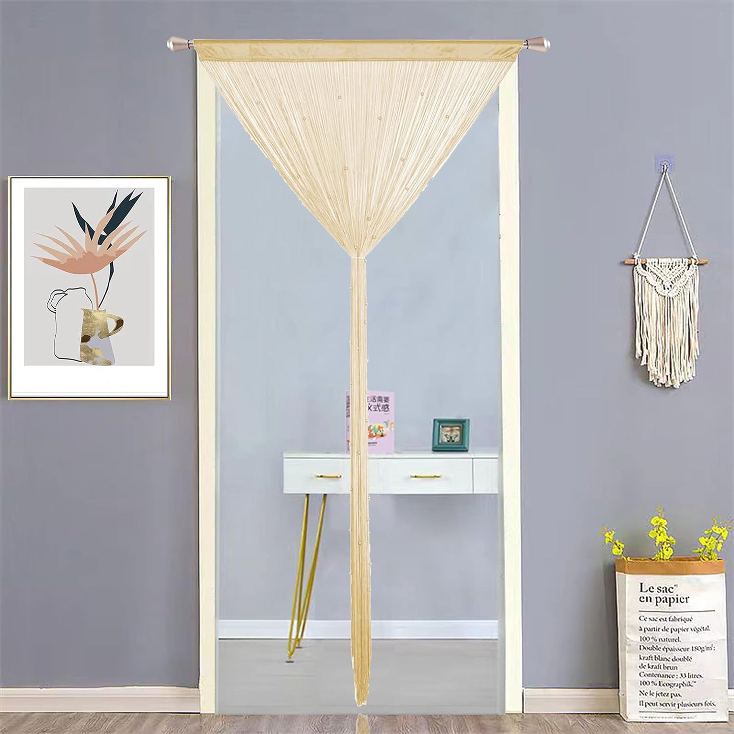 Beaded Curtain Beads Door String Curtains Ideal for Living Room Decor Wall Hanging Fringe Doorway Divider Bedroom Backdrop Hippie Window Closet Privacy Rod Pocket Dense (100x200cm,Beige)