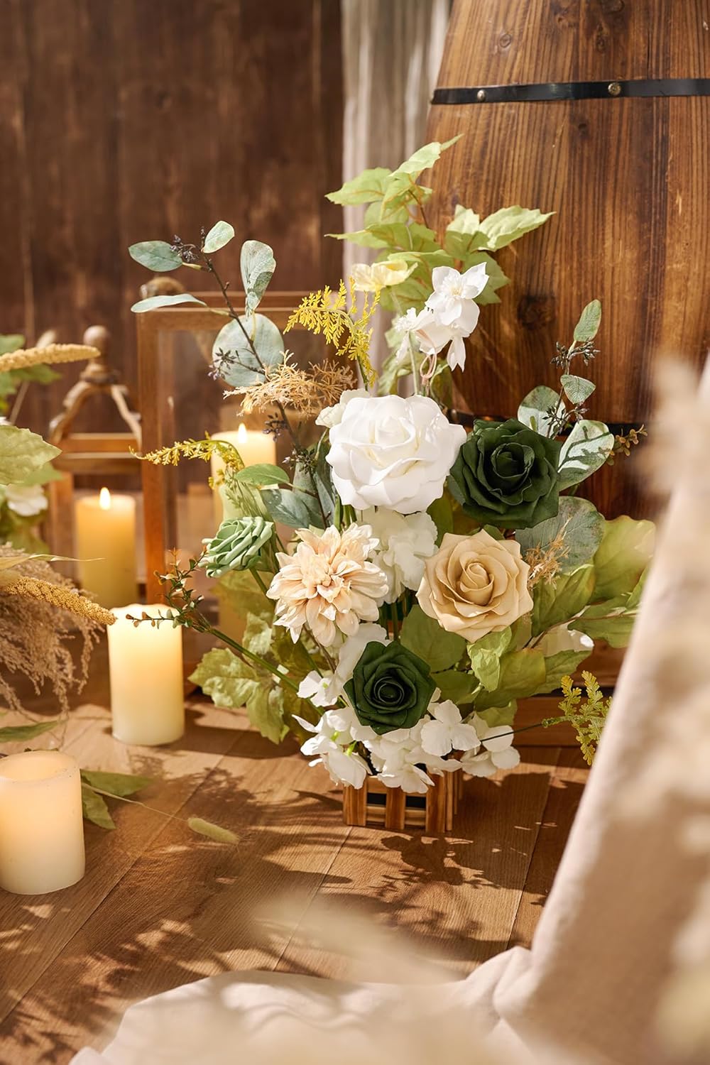 Ling's Moment 17.5" Tall Standing Artificial Flowers Arrangements 4pcs Fall Wedding Aisle Runner Chair Decorations Emerald & Tawny Beige Centerpieces for Ceremony Reception Rose Floral Party Outdoor