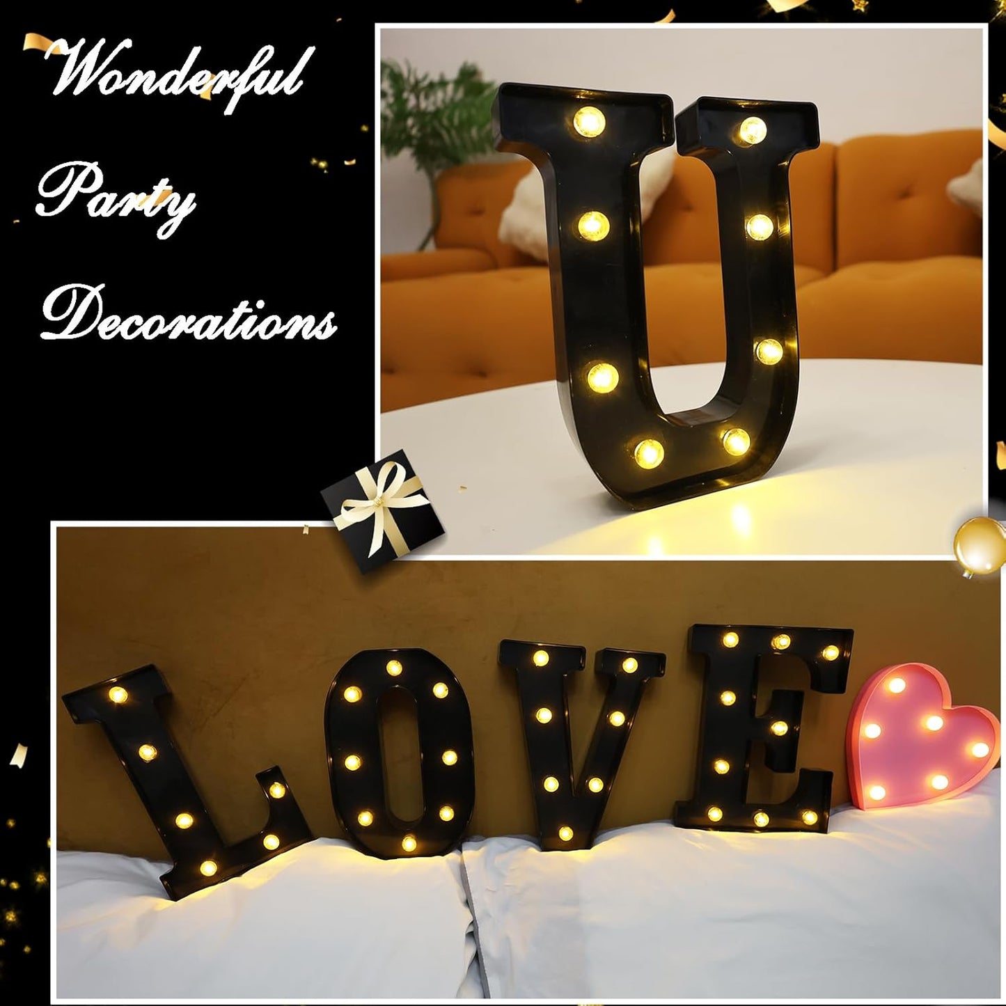Led Marquee Letters, 8.58 Inch Black Light Up Letters, Small Led Letter Lights, Battery Powered Lighted Letterfor Table, Party, Birthday, Christmas Decor (Black, Letter U)