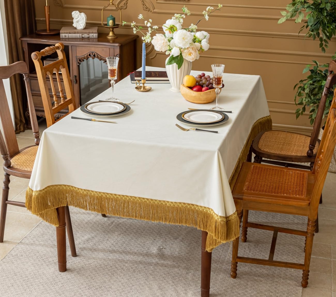 F-CHU Luxury White Tablecloth Thickset Velvet Tablecloth with Beautiful Gold Tassels Vintage Table Cloth for Home Decor Wedding, Party, Banquet and Events 60x70-Inch