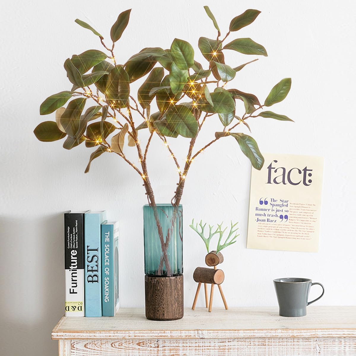 Fudios Magnolia Branches Lights with Timer 32IN 60 LED Battery Operated or USB Plug in Artificial Greenery Magnolia Stems for Spring Decor