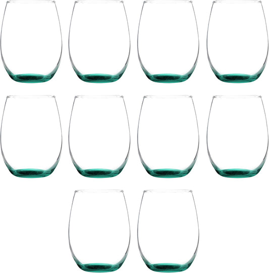 DISCOUNT PROMOS Stemless Wine Glass 9 oz. Set of 10, Bulk Pack - Great for Wedding Favors, Bachelorette Party and More - Green Bottom Color