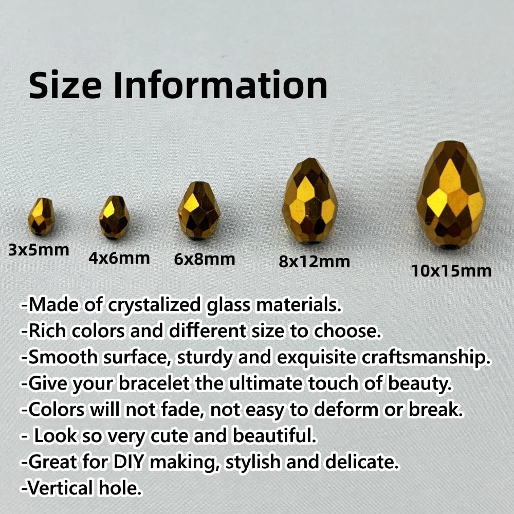 100pcs 8x12mm Teardrop Crystal Glass Beads for Jewelry Making, Faceted Vertical Hole Teardrop Glass Spacer Beads for Wind Chimes Bracelet Earring Necklace DIY Craft(Gold)