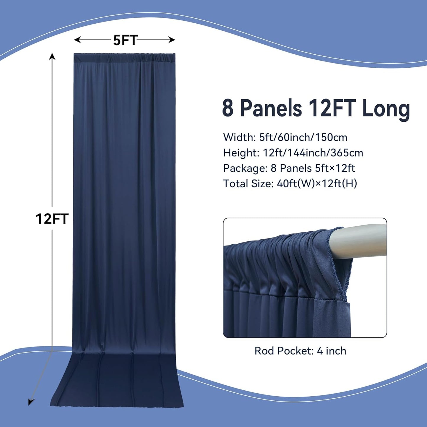 40×12ft Navy Blue Wrinkle Free Backdrop Curtain for Wedding Parties, 8 Panels 5×12ft Long Soft Silky Polyester Backdrop Drapes Photo Back Drop Curtains for Birthday Photography Background Cloth