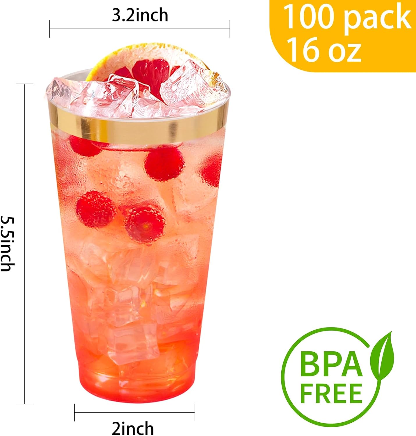 I00000 16 oz Gold Plastic Cups, 100 Pack Clear Plastic Cups Tumblers Gold Rimmed Cup, Heavy-duty Disposable Cup Perfect for Halloween, Thanksgiving and Christmas Parties