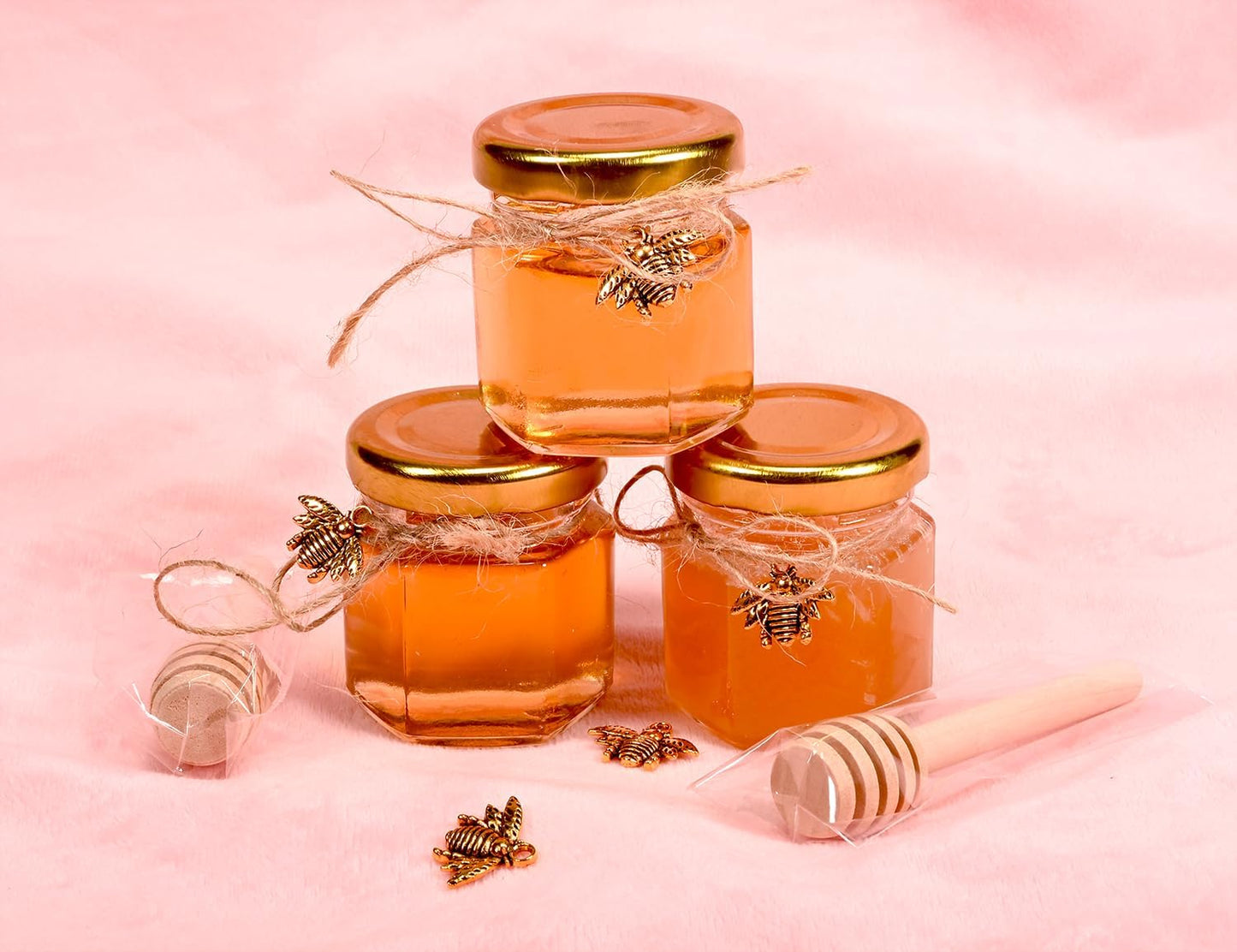 Mini Honey Jars - Hexagon Little Glass Honey Jar with Gold Lids, Wooden Dippers, Bee Charms and Jutes - Small Honey Jars for Baby Showers, 20Pack