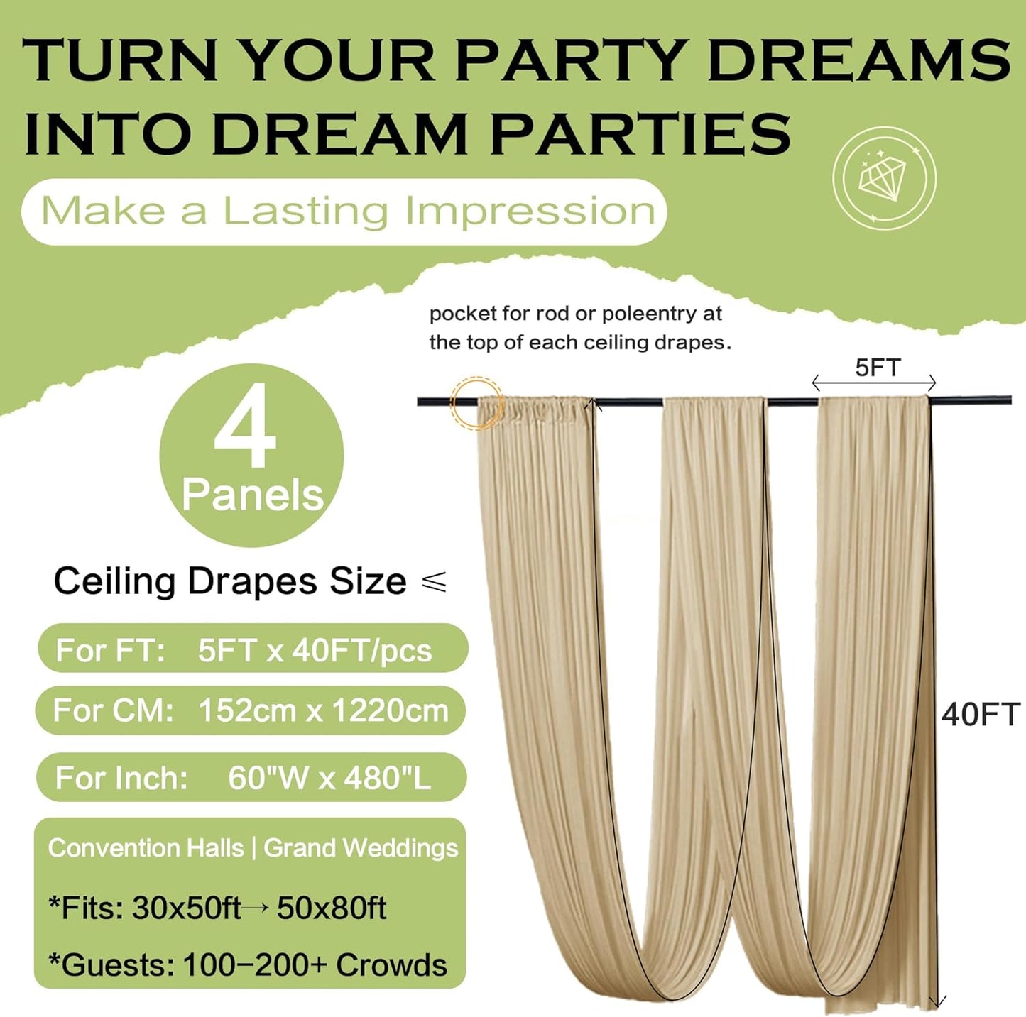 PartyVillage 20ftx40ft Beige Ceiling Curtain for Wedding Parties – 4 Panels Wrinkle-Free 40 FT Long Tent Draping Curtains for Wedding, Birthday & Theme Parties, 40ft Height with Rod Pocket