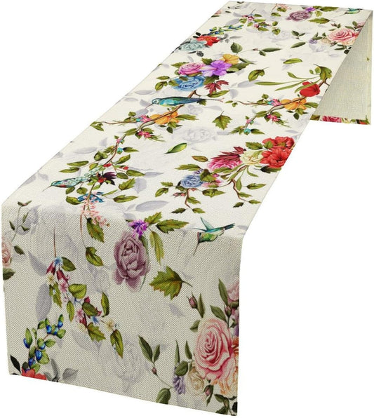 Vintage Bird Flower Table Runner Seasonal Spring Summer Garden Plants Farmhouse Country Kitchen Dinner Runner Dining Table Decoration for Home Party Holiday 13"x90"