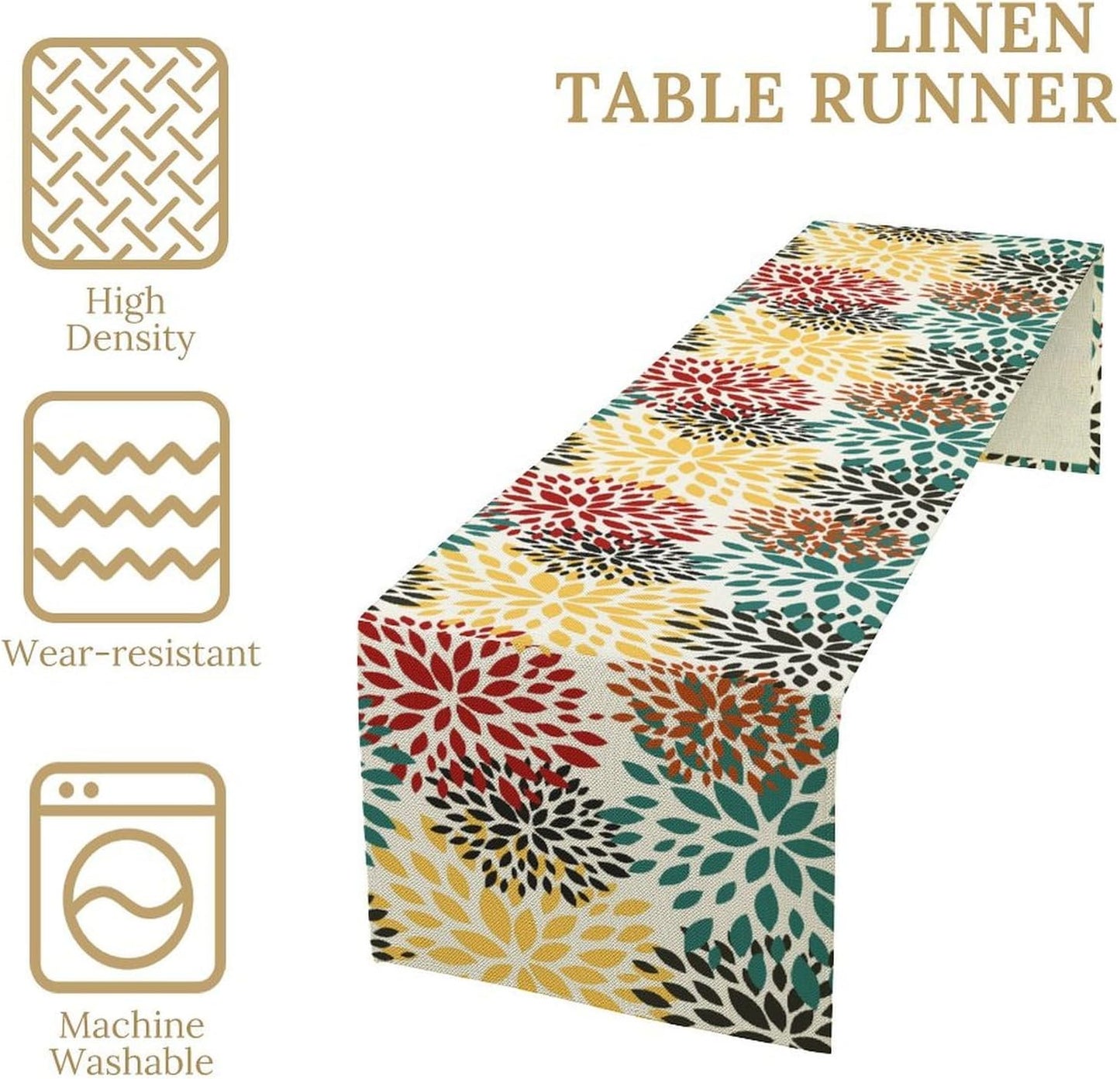 Green Red Dahlia Flower Table Runner Chrysanthemum Geometric Kitchen Dining Bedroom Living Room Table Decor for Indoor Outdoor Home Party, 13x108 Inch
