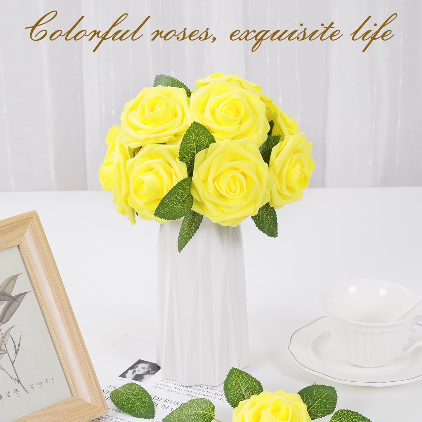 BLEUM CADE 16Pcs Artificial Flowers Fake Roses with Stems, Yellow Boxed Foam Roses for DIY Bouquets Centerpieces Wedding Party Arrangement Bridal Shower Decor