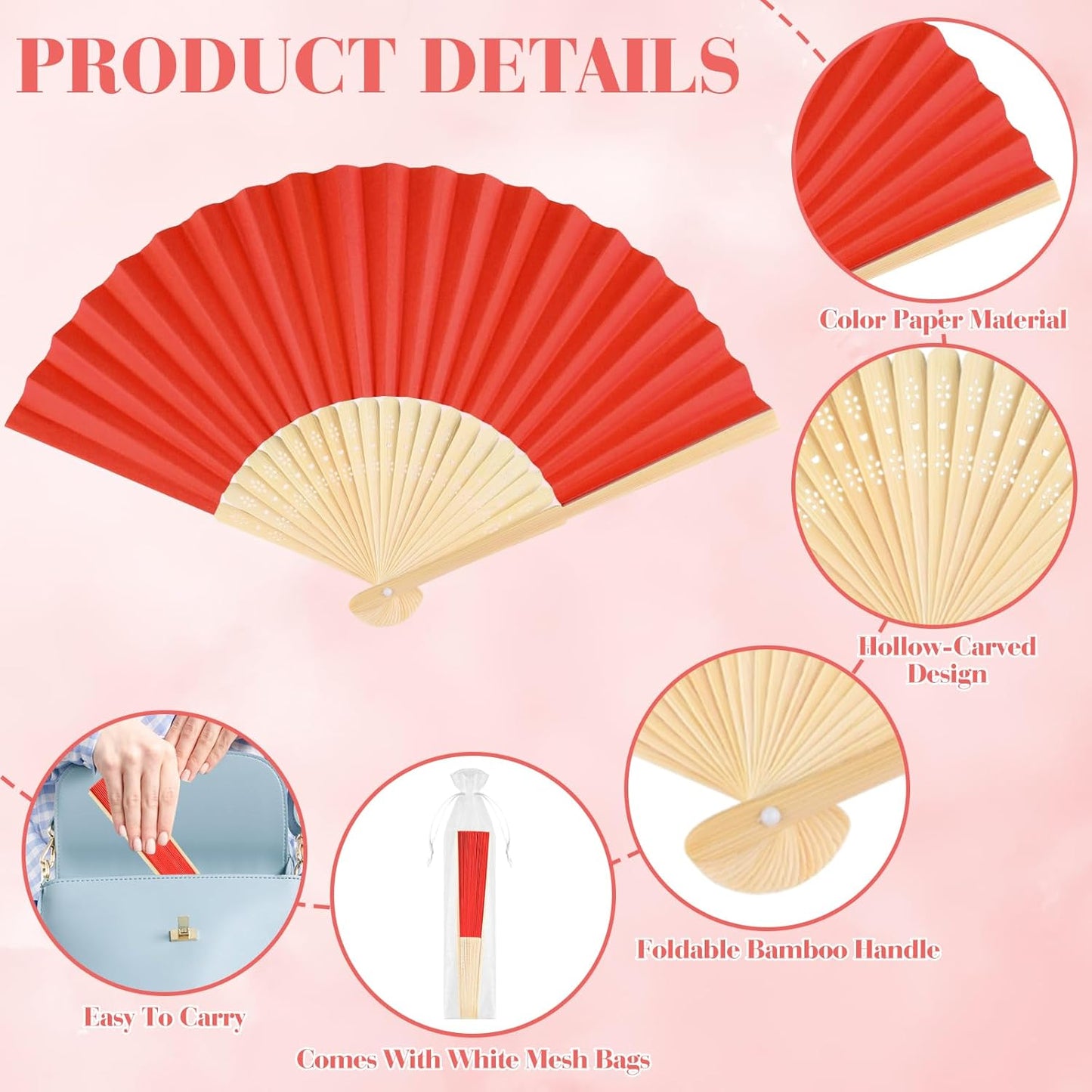12 Pieces Red Hand Held Bamboo Folding Fans Paper Fans Handheld for Women Foldable Girls Wedding DIY Decoration Church Home Party Favors Summer