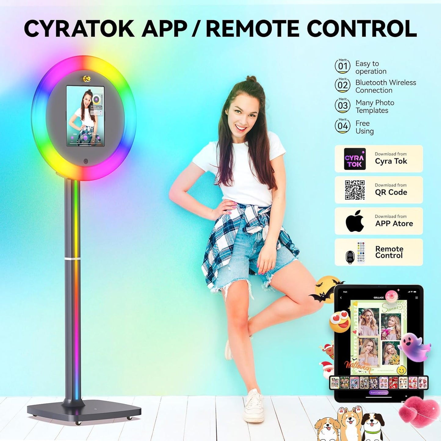 Portable Photo Booth Stand for iPads with Cyratok APP/Voice Control and RGB Fill Light Lightweight Aluminum Alloy Photobooth Machine Perfect for Parties,Wedding and Events(Black)