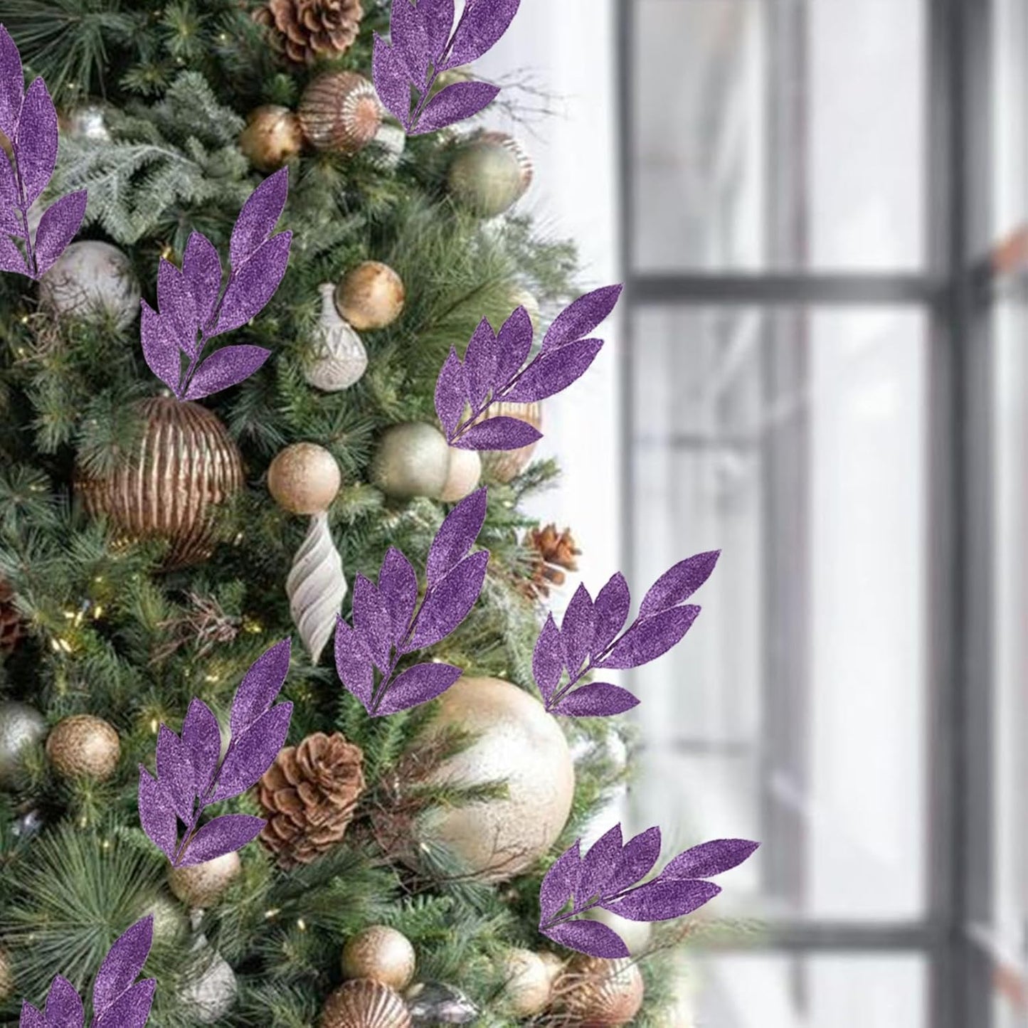 GREENTIME 12 Pack Artificial Purple Glitter Leaves 13" Fake Christmas Picks Decorative Glitter Sticks for Vase Christmas Tree DIY Wreath Crafts Fireplace Decor